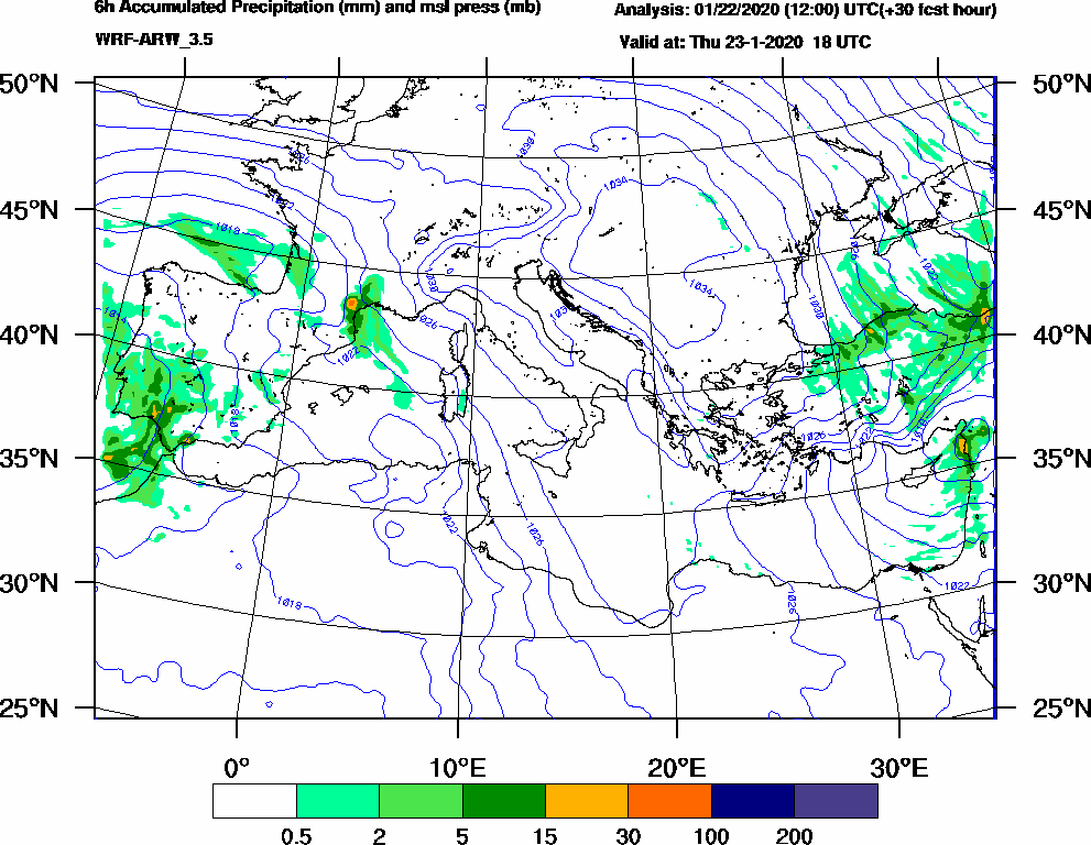 6h Accumulated Precipitation (mm) and msl press (mb) - 2020-01-23 12:00