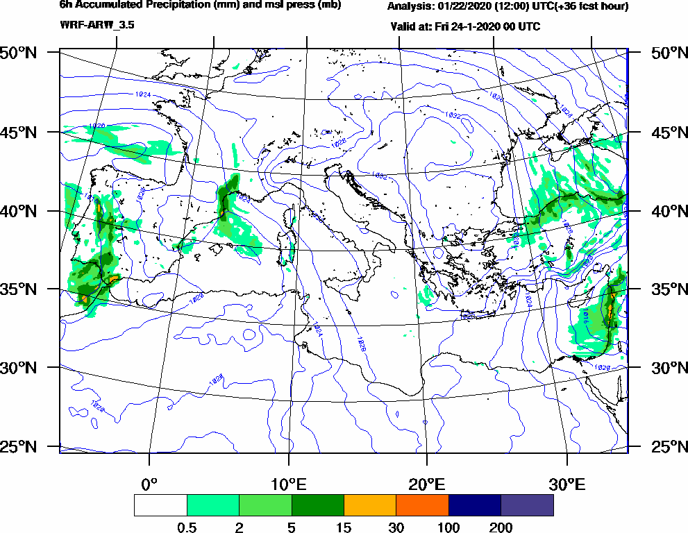 6h Accumulated Precipitation (mm) and msl press (mb) - 2020-01-23 18:00