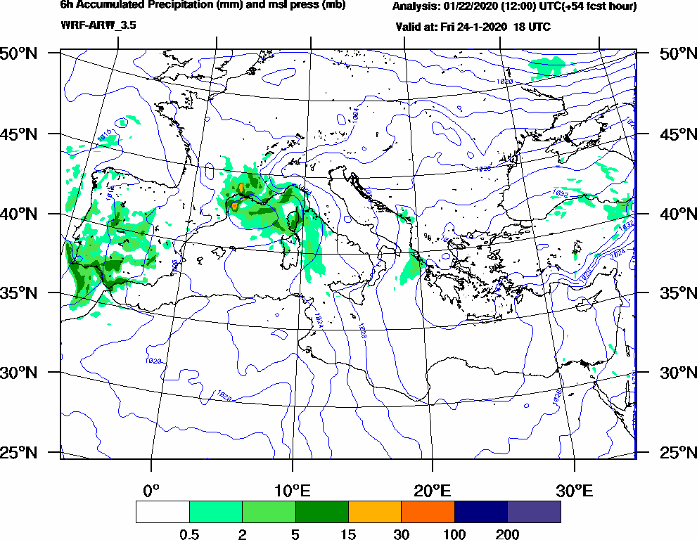 6h Accumulated Precipitation (mm) and msl press (mb) - 2020-01-24 12:00