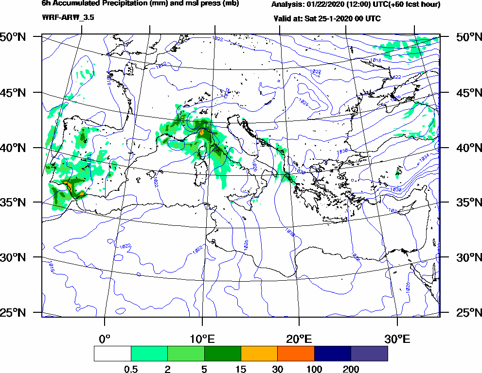 6h Accumulated Precipitation (mm) and msl press (mb) - 2020-01-24 18:00