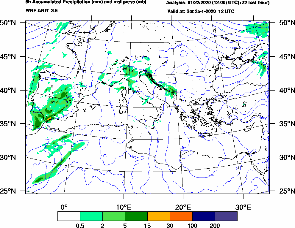 6h Accumulated Precipitation (mm) and msl press (mb) - 2020-01-25 06:00