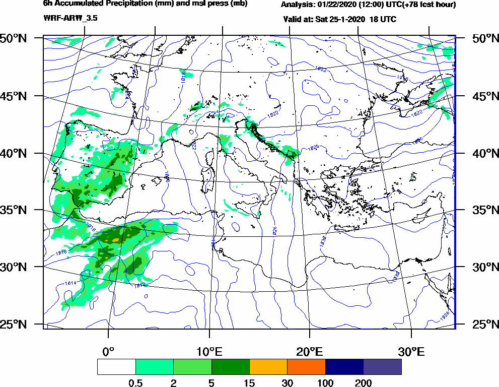 6h Accumulated Precipitation (mm) and msl press (mb) - 2020-01-25 12:00