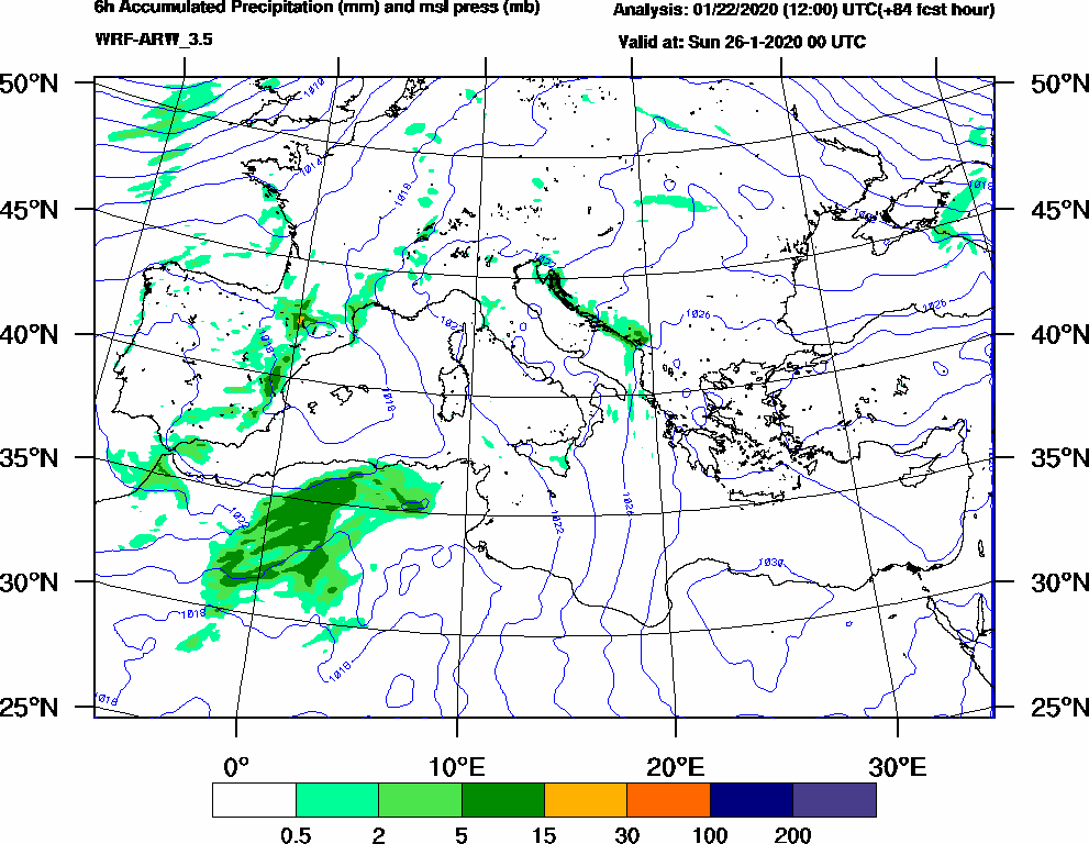 6h Accumulated Precipitation (mm) and msl press (mb) - 2020-01-25 18:00
