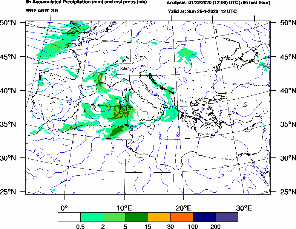 6h Accumulated Precipitation (mm) and msl press (mb) - 2020-01-26 06:00