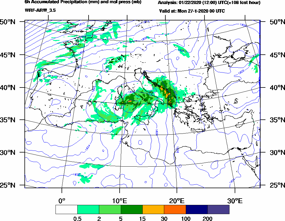 6h Accumulated Precipitation (mm) and msl press (mb) - 2020-01-26 18:00