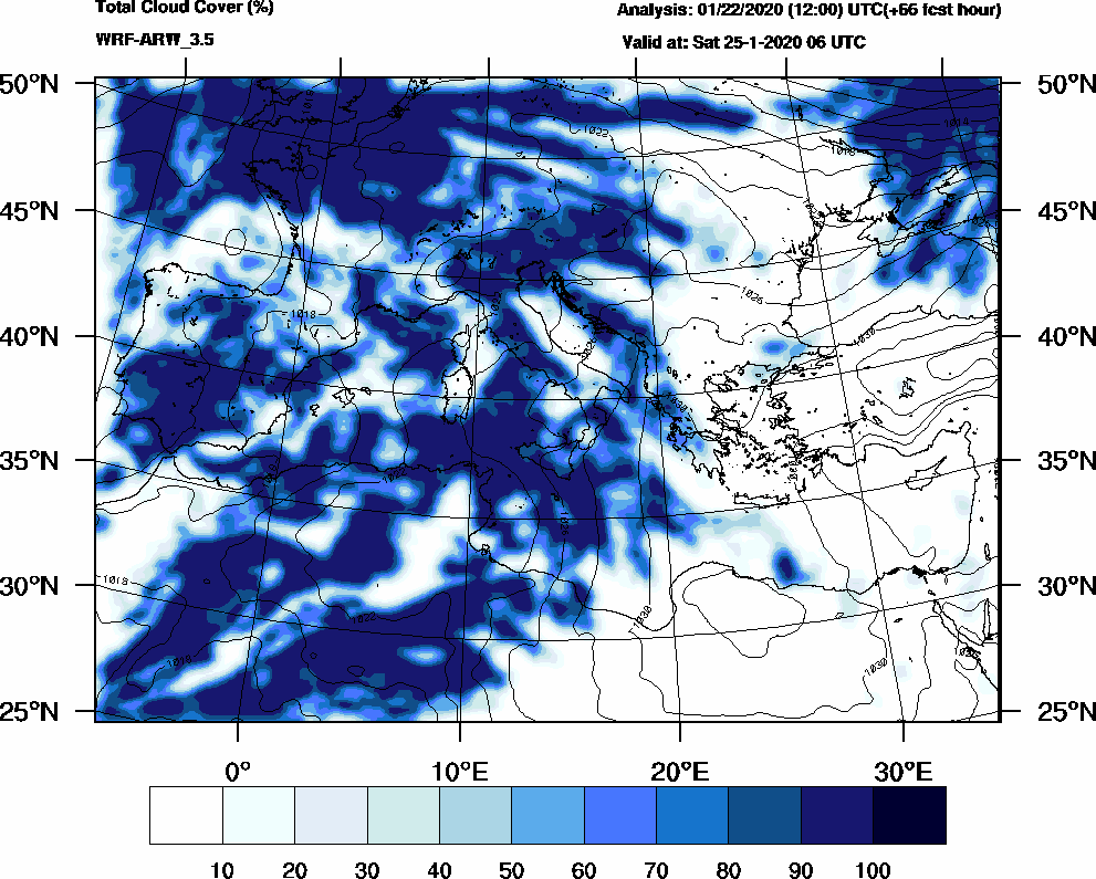 Total cloud cover (%) - 2020-01-25 00:00