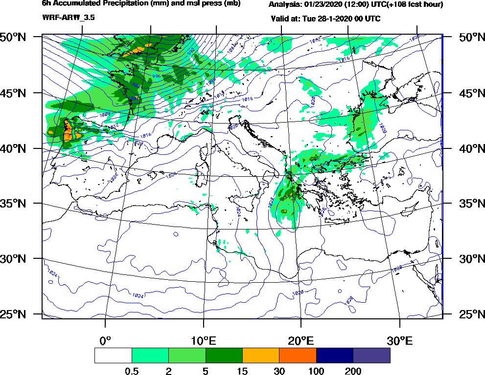 6h Accumulated Precipitation (mm) and msl press (mb) - 2020-01-27 18:00