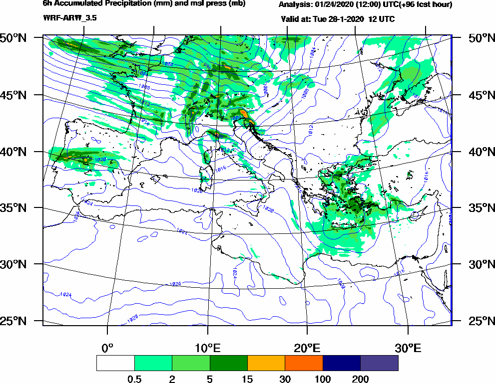 6h Accumulated Precipitation (mm) and msl press (mb) - 2020-01-28 06:00