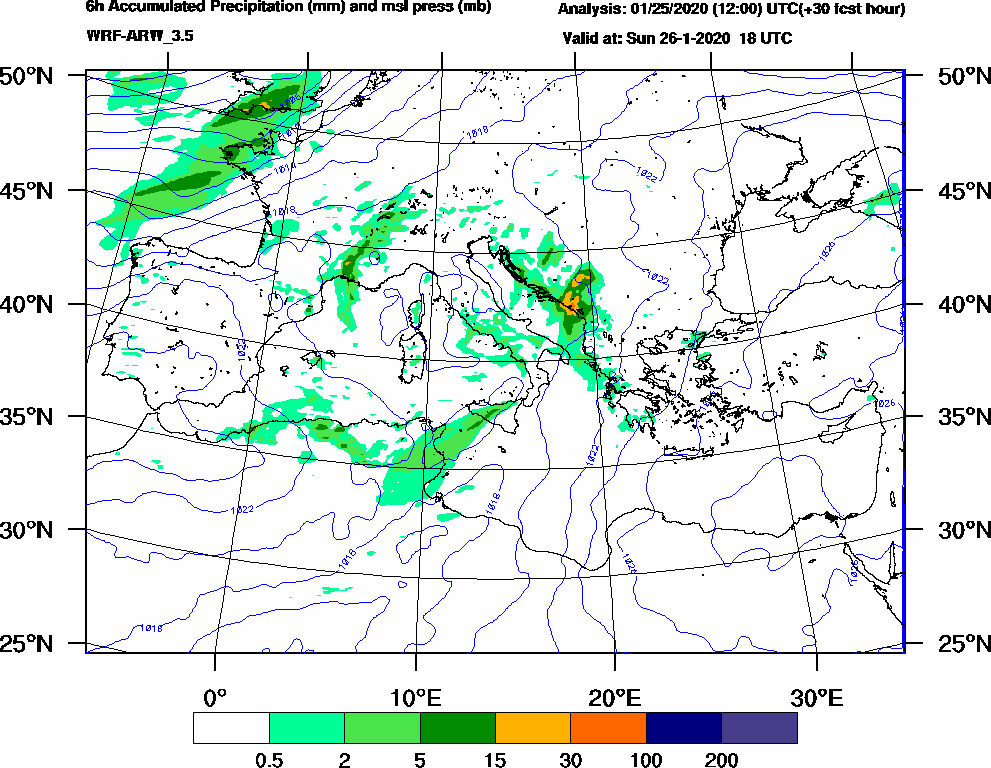 6h Accumulated Precipitation (mm) and msl press (mb) - 2020-01-26 12:00