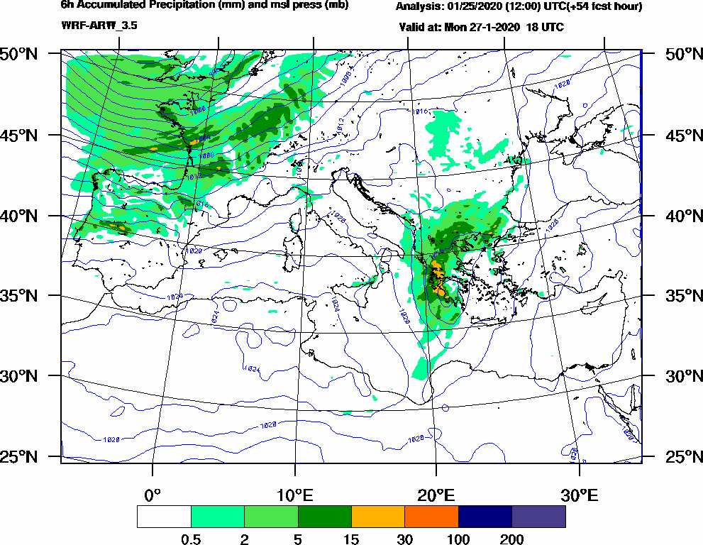 6h Accumulated Precipitation (mm) and msl press (mb) - 2020-01-27 12:00