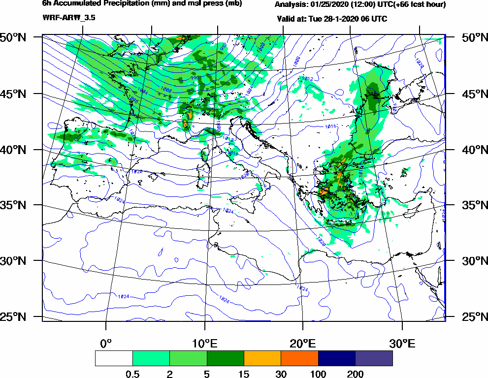 6h Accumulated Precipitation (mm) and msl press (mb) - 2020-01-28 00:00