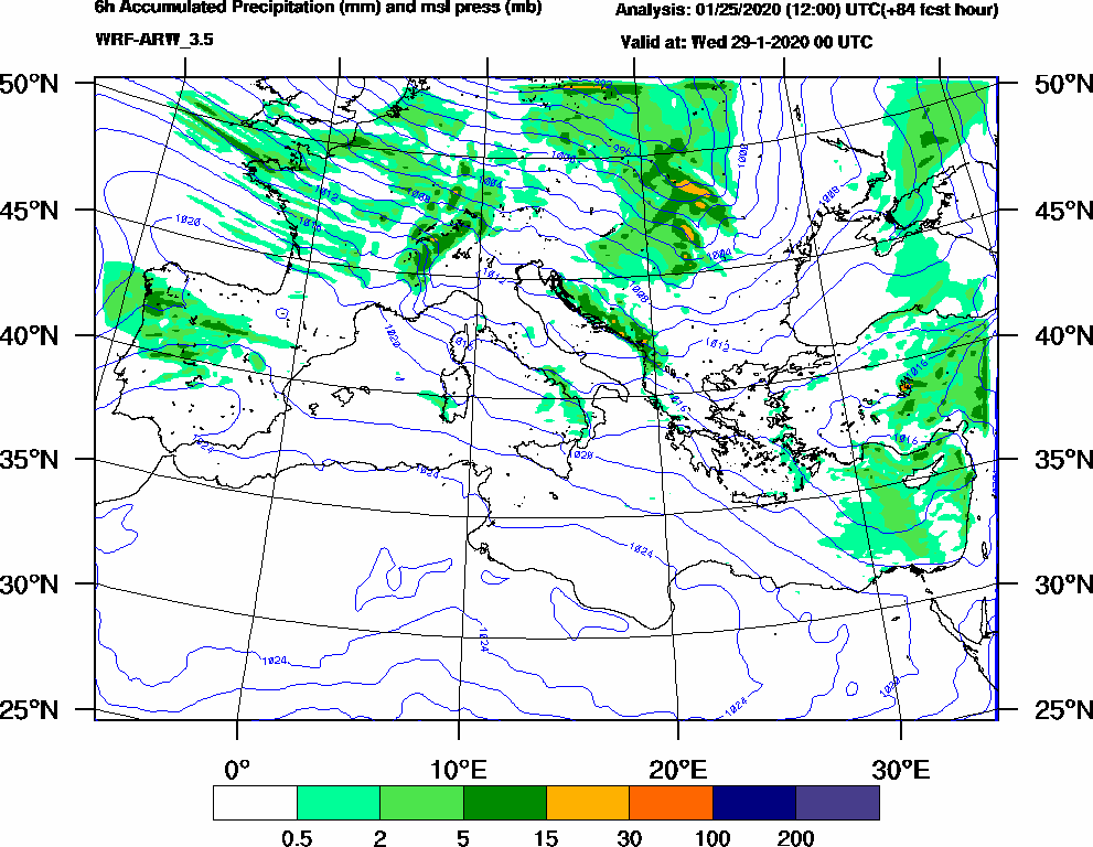 6h Accumulated Precipitation (mm) and msl press (mb) - 2020-01-28 18:00