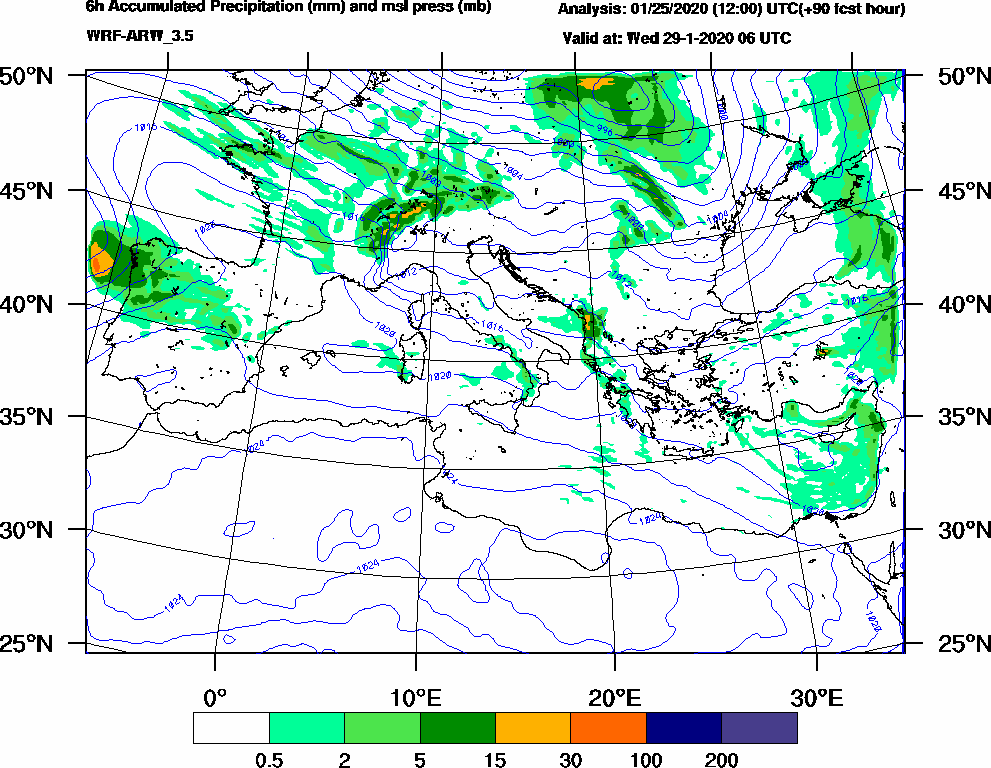 6h Accumulated Precipitation (mm) and msl press (mb) - 2020-01-29 00:00