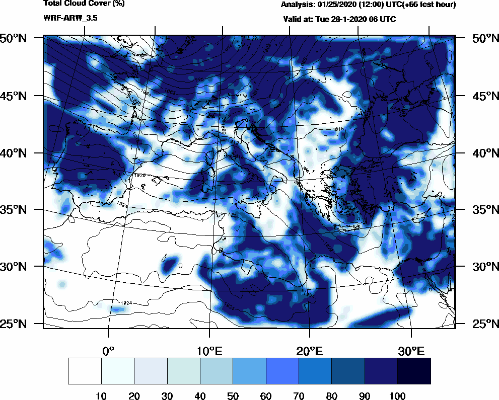 Total cloud cover (%) - 2020-01-28 00:00