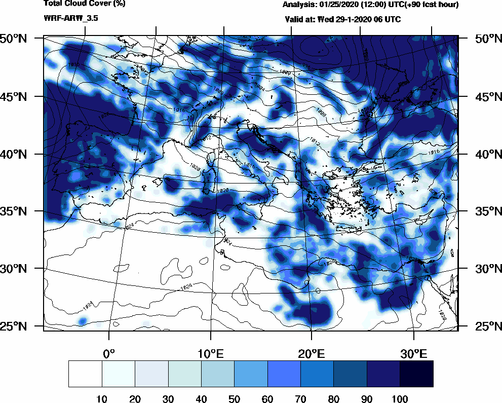 Total cloud cover (%) - 2020-01-29 00:00