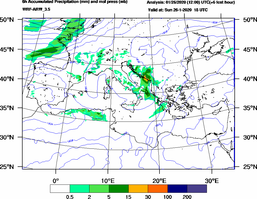 6h Accumulated Precipitation (mm) and msl press (mb) - 2020-01-26 12:00