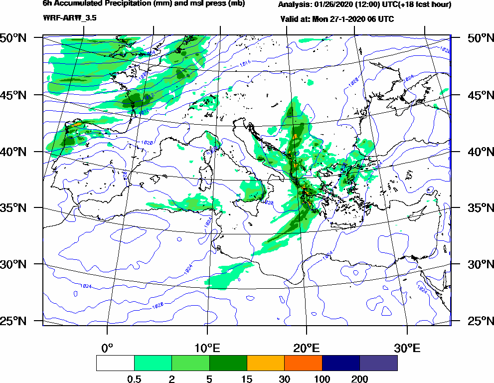 6h Accumulated Precipitation (mm) and msl press (mb) - 2020-01-27 00:00