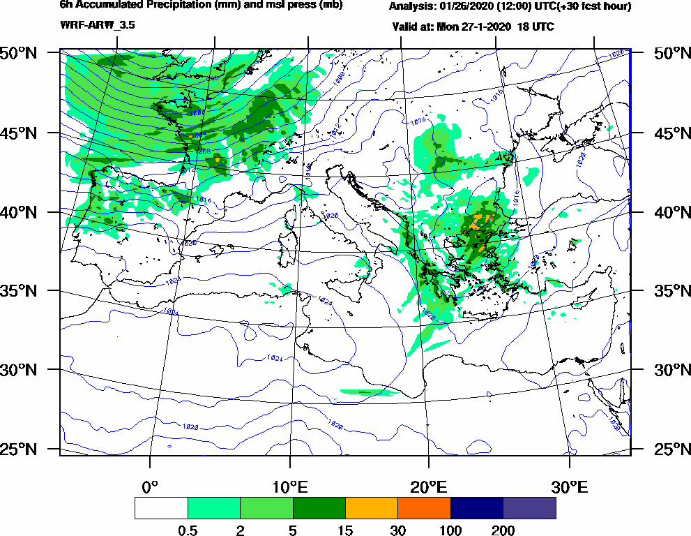 6h Accumulated Precipitation (mm) and msl press (mb) - 2020-01-27 12:00