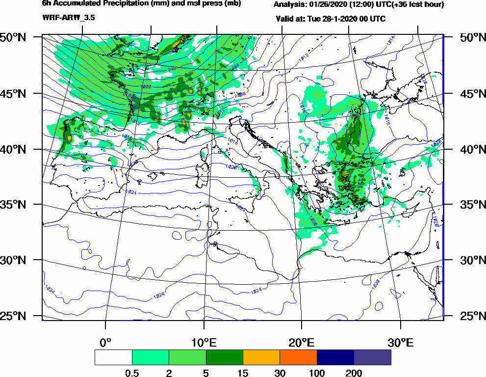 6h Accumulated Precipitation (mm) and msl press (mb) - 2020-01-27 18:00