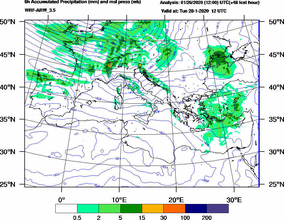 6h Accumulated Precipitation (mm) and msl press (mb) - 2020-01-28 06:00