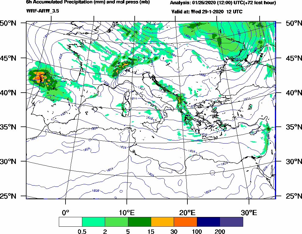 6h Accumulated Precipitation (mm) and msl press (mb) - 2020-01-29 06:00