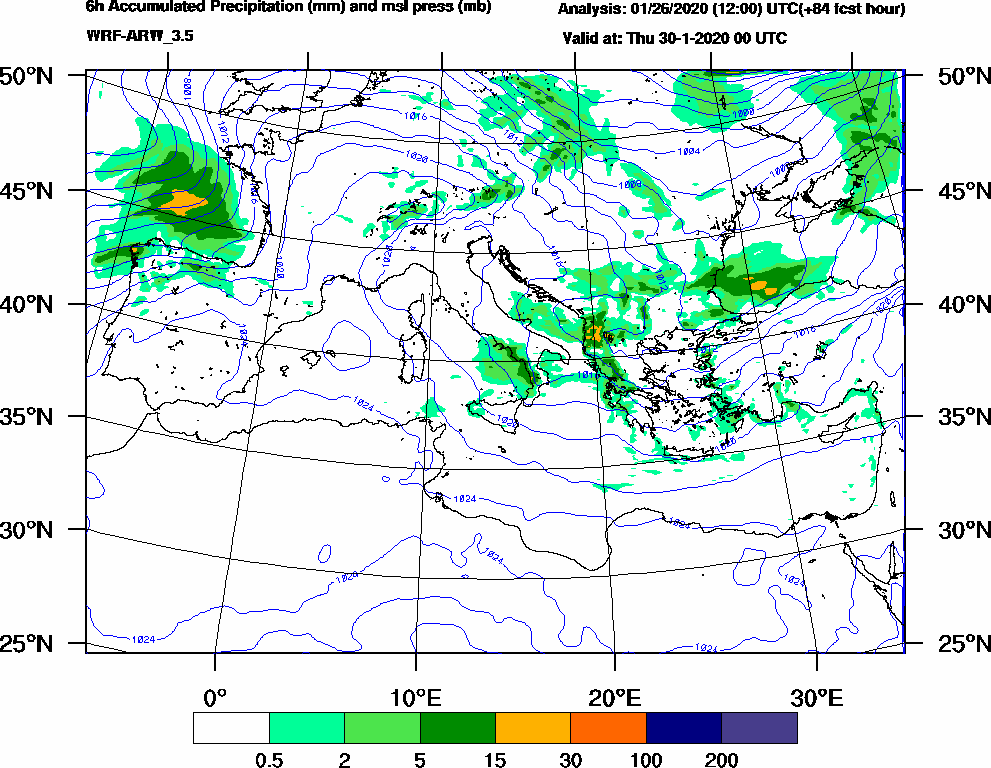6h Accumulated Precipitation (mm) and msl press (mb) - 2020-01-29 18:00