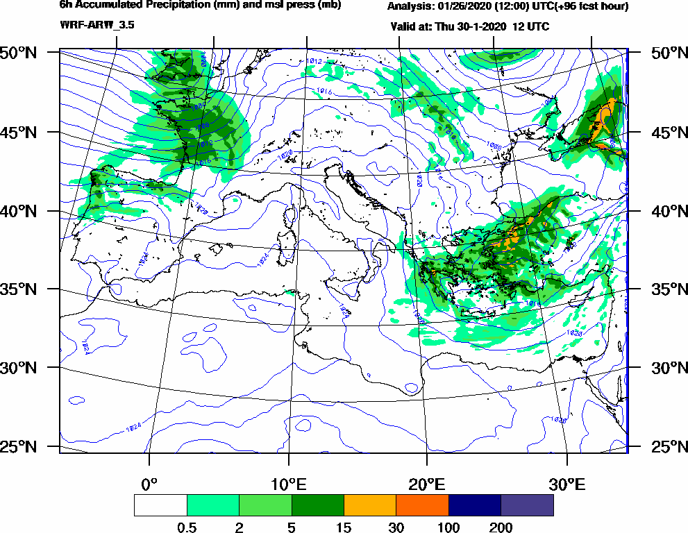 6h Accumulated Precipitation (mm) and msl press (mb) - 2020-01-30 06:00