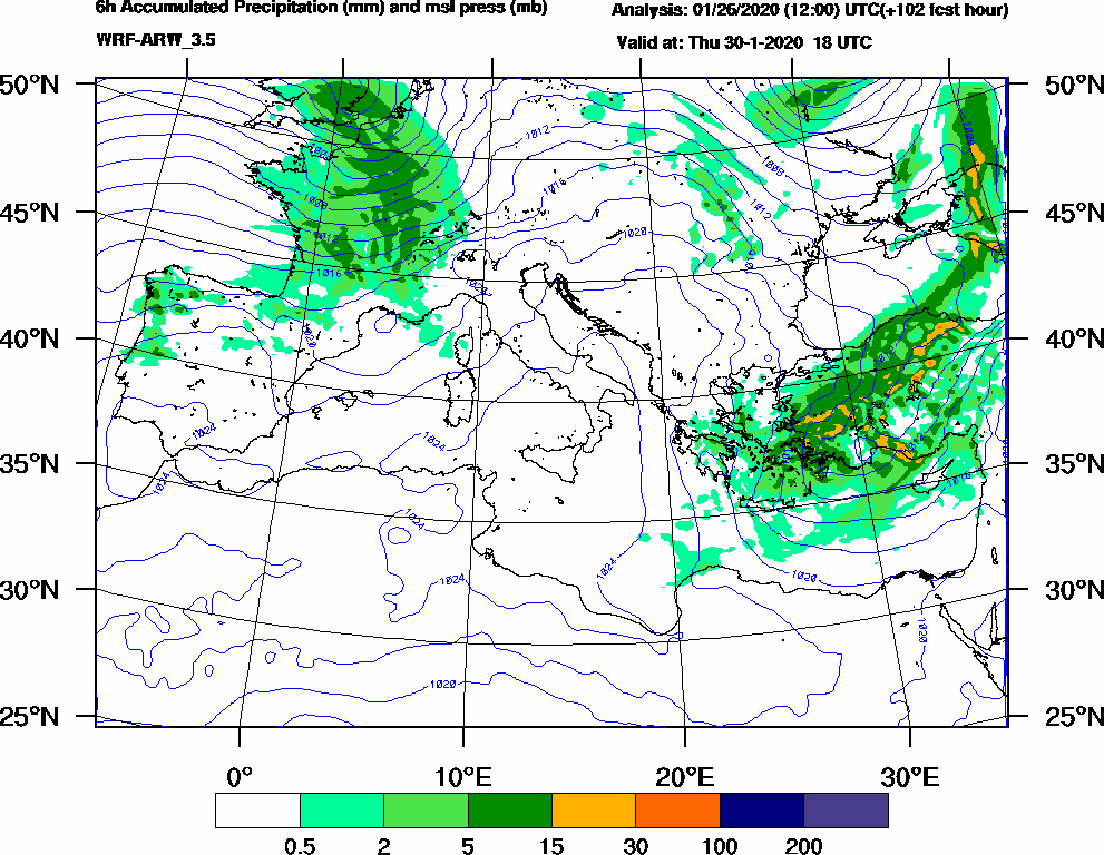 6h Accumulated Precipitation (mm) and msl press (mb) - 2020-01-30 12:00