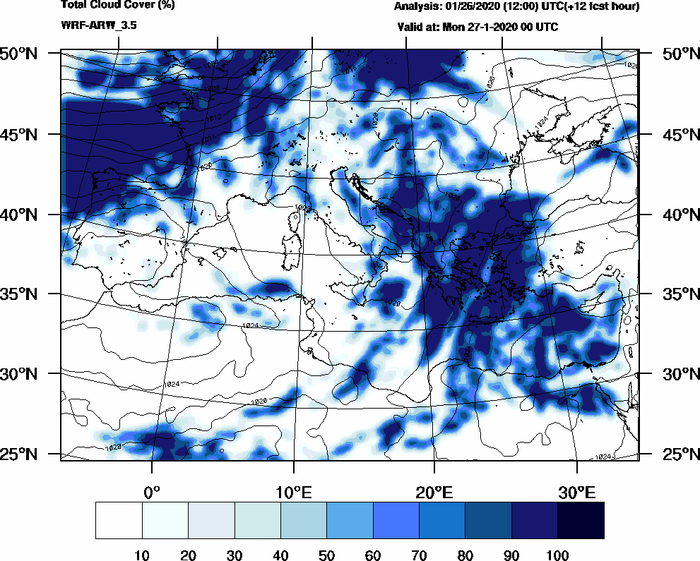 Total cloud cover (%) - 2020-01-26 18:00