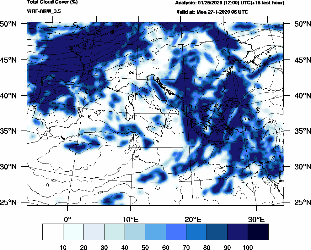 Total cloud cover (%) - 2020-01-27 00:00