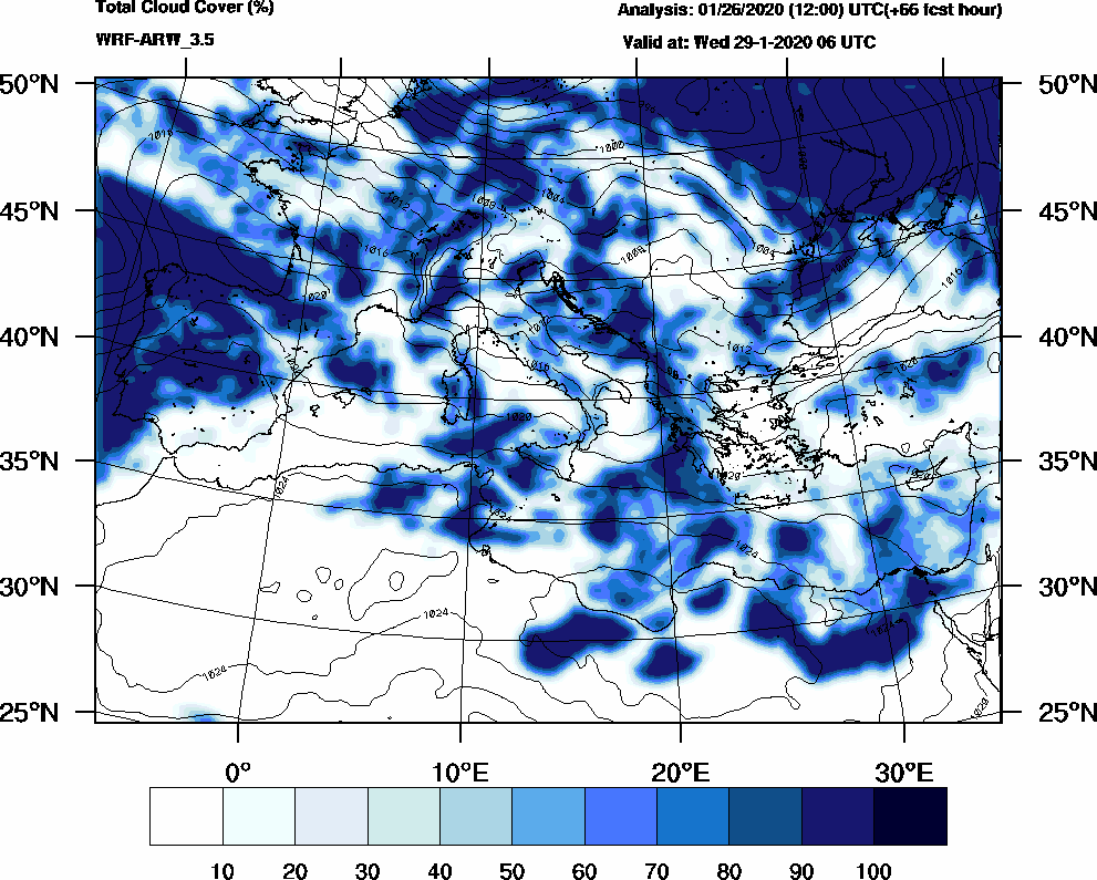 Total cloud cover (%) - 2020-01-29 00:00