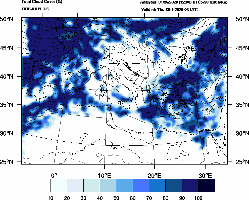 Total cloud cover (%) - 2020-01-30 00:00
