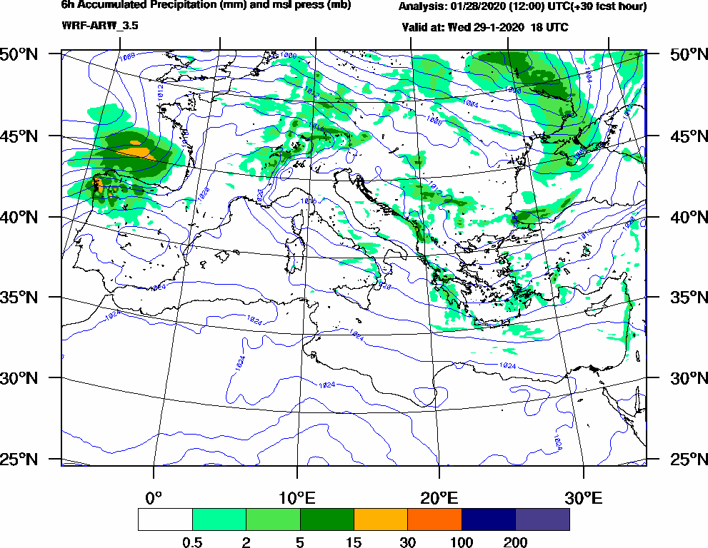 6h Accumulated Precipitation (mm) and msl press (mb) - 2020-01-29 12:00