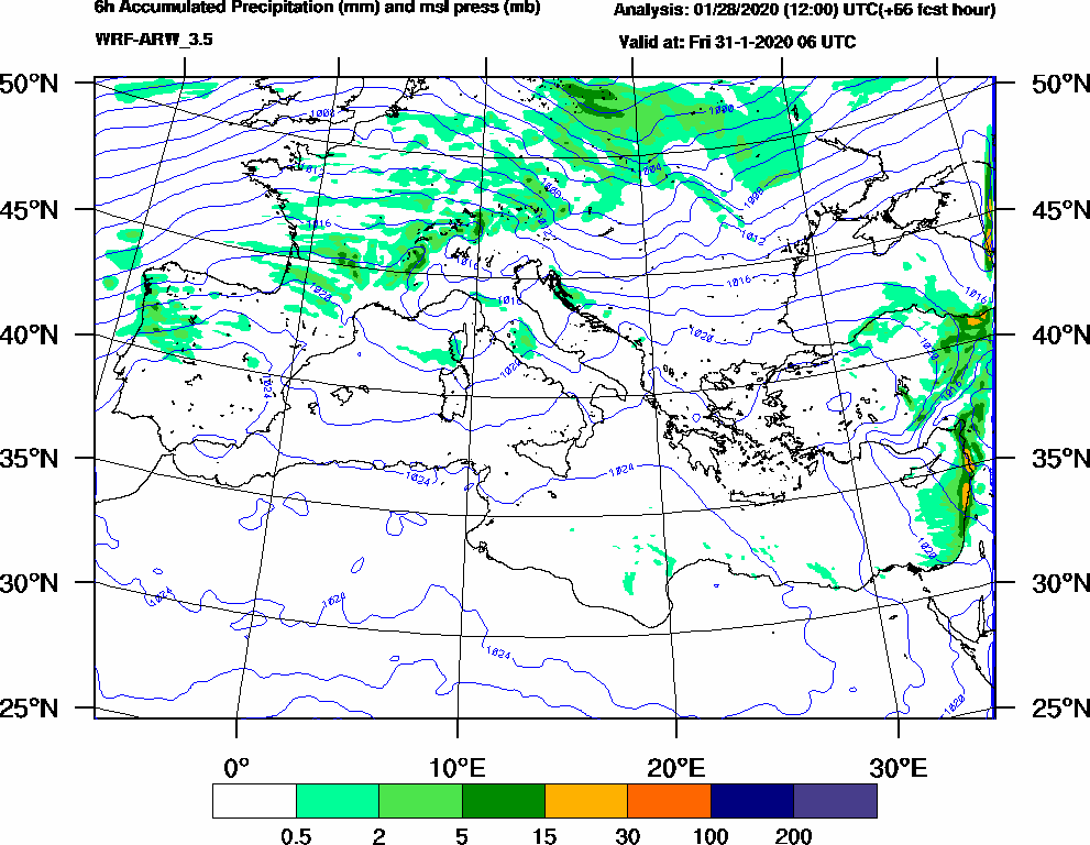 6h Accumulated Precipitation (mm) and msl press (mb) - 2020-01-31 00:00