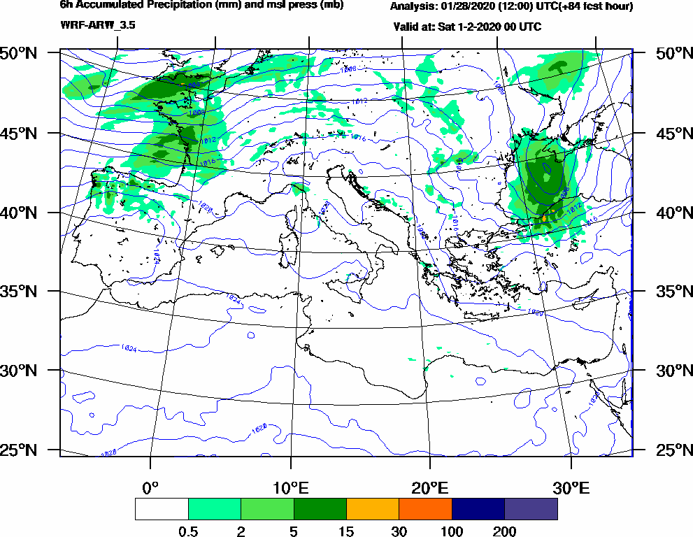 6h Accumulated Precipitation (mm) and msl press (mb) - 2020-01-31 18:00