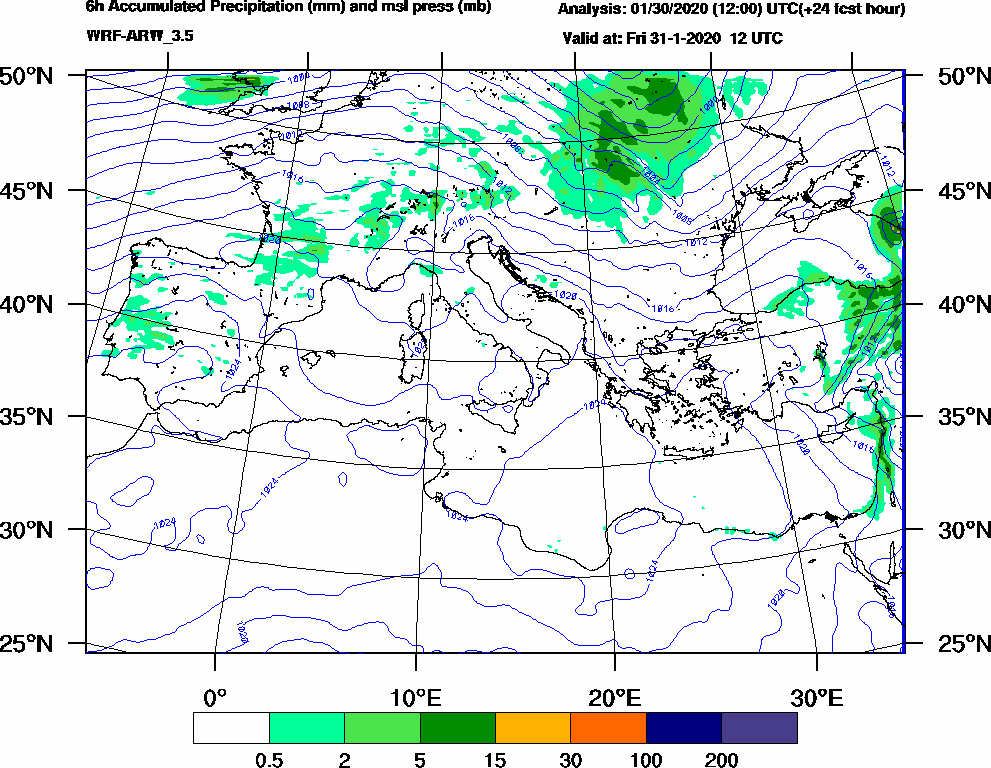 6h Accumulated Precipitation (mm) and msl press (mb) - 2020-01-31 06:00