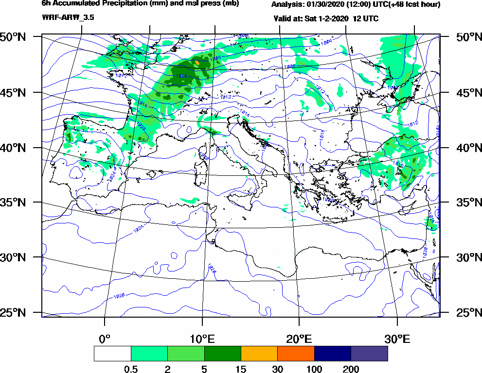 6h Accumulated Precipitation (mm) and msl press (mb) - 2020-02-01 06:00