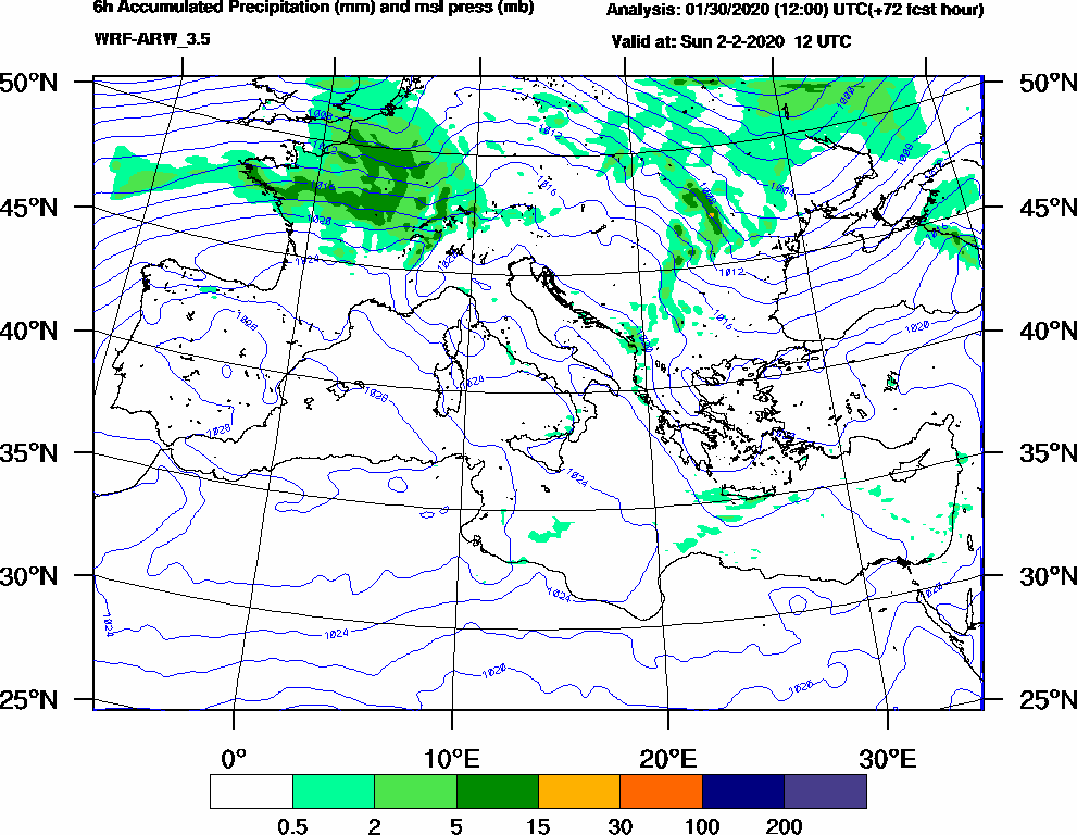 6h Accumulated Precipitation (mm) and msl press (mb) - 2020-02-02 06:00