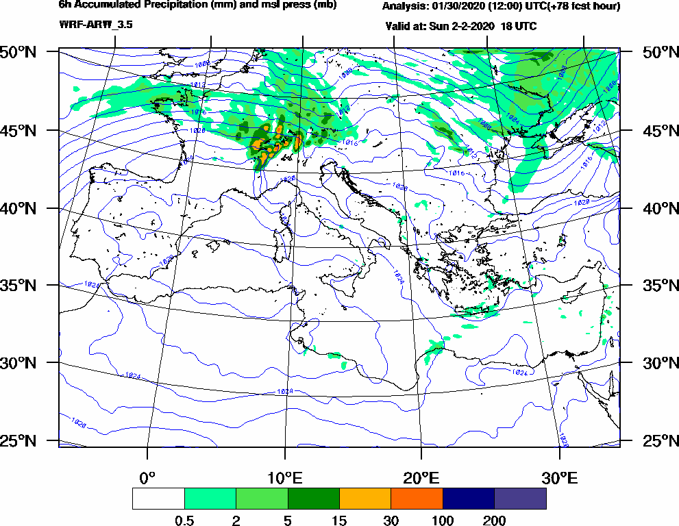 6h Accumulated Precipitation (mm) and msl press (mb) - 2020-02-02 12:00