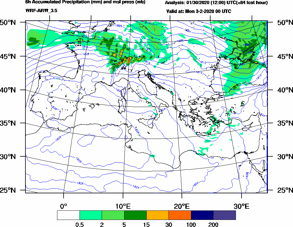 6h Accumulated Precipitation (mm) and msl press (mb) - 2020-02-02 18:00