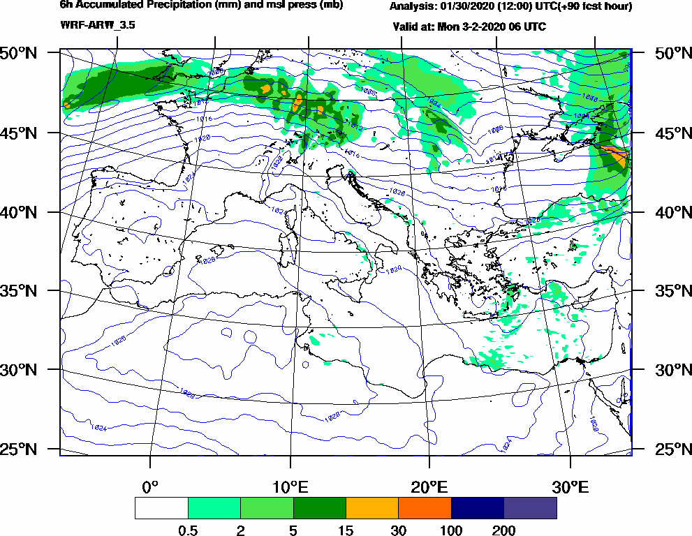 6h Accumulated Precipitation (mm) and msl press (mb) - 2020-02-03 00:00