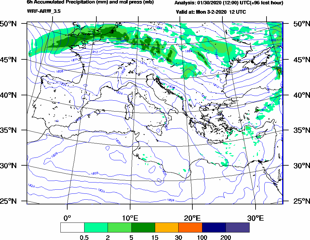 6h Accumulated Precipitation (mm) and msl press (mb) - 2020-02-03 06:00