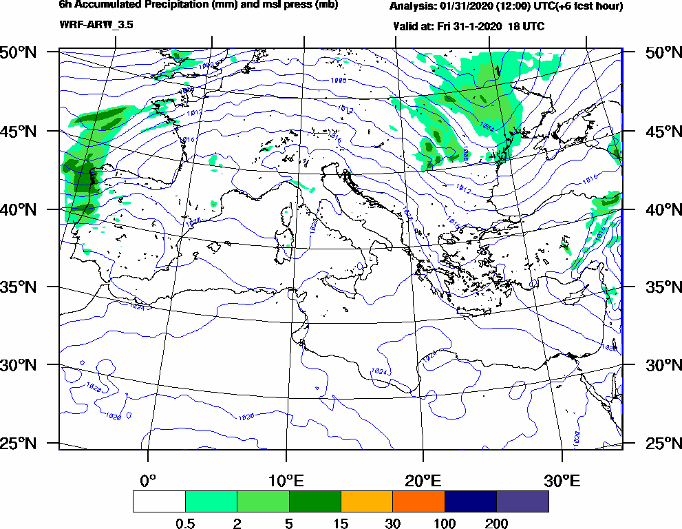 6h Accumulated Precipitation (mm) and msl press (mb) - 2020-01-31 12:00