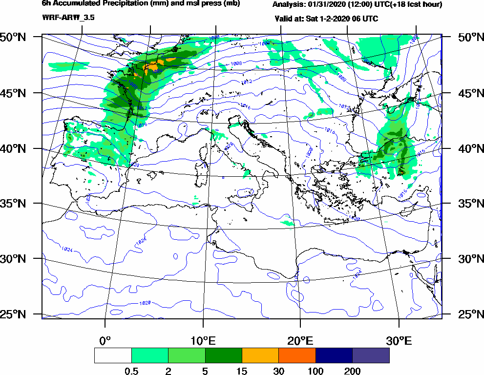 6h Accumulated Precipitation (mm) and msl press (mb) - 2020-02-01 00:00