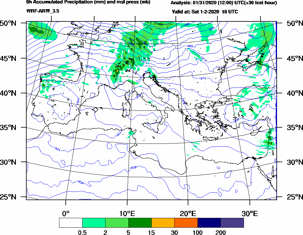 6h Accumulated Precipitation (mm) and msl press (mb) - 2020-02-01 12:00