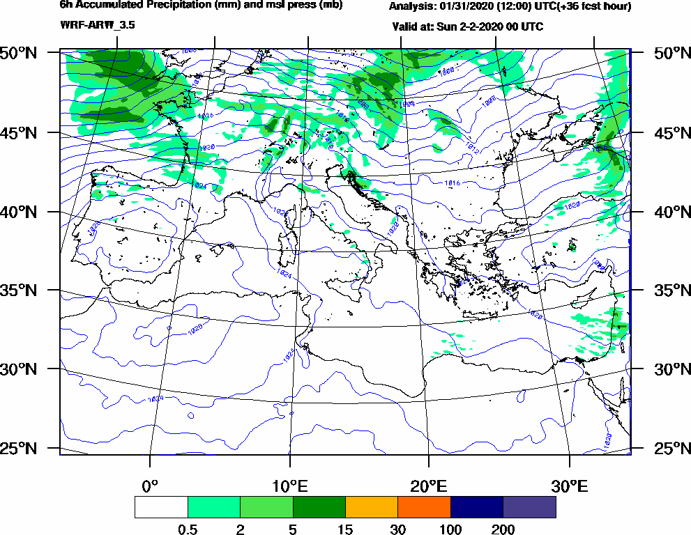 6h Accumulated Precipitation (mm) and msl press (mb) - 2020-02-01 18:00