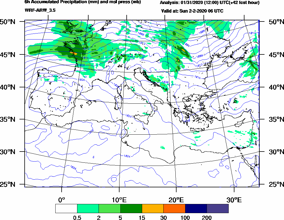 6h Accumulated Precipitation (mm) and msl press (mb) - 2020-02-02 00:00