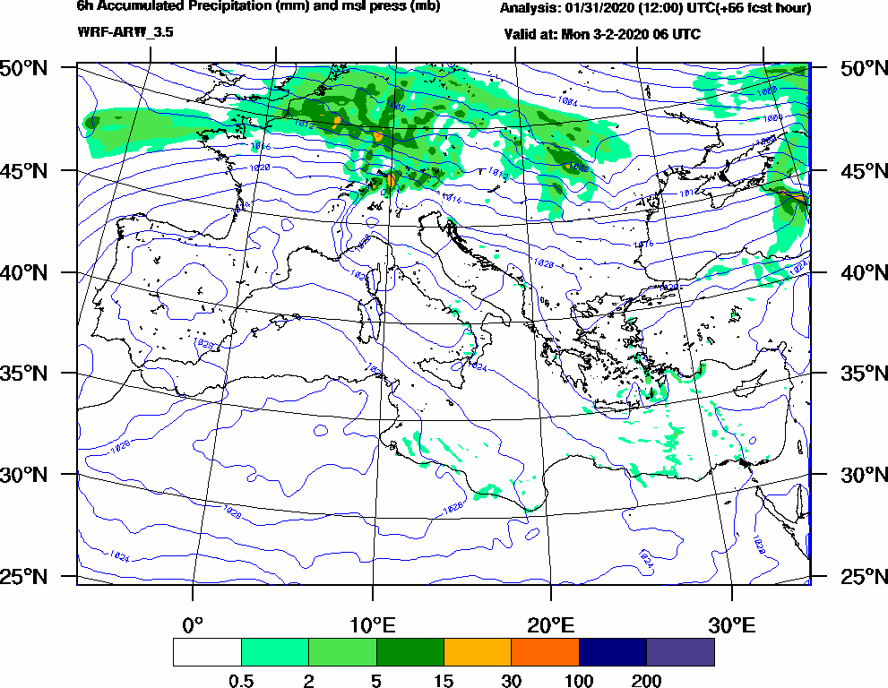 6h Accumulated Precipitation (mm) and msl press (mb) - 2020-02-03 00:00