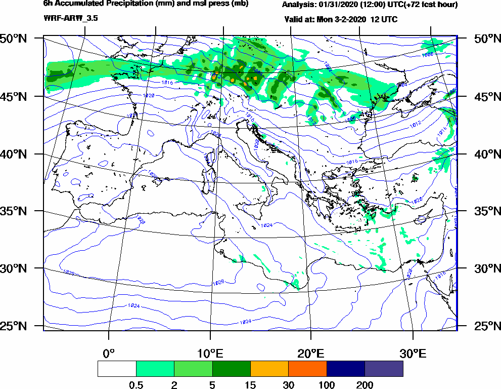 6h Accumulated Precipitation (mm) and msl press (mb) - 2020-02-03 06:00