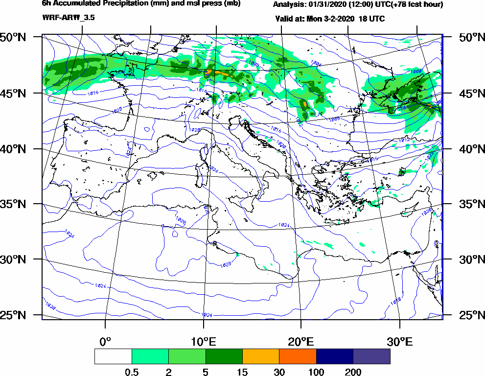 6h Accumulated Precipitation (mm) and msl press (mb) - 2020-02-03 12:00